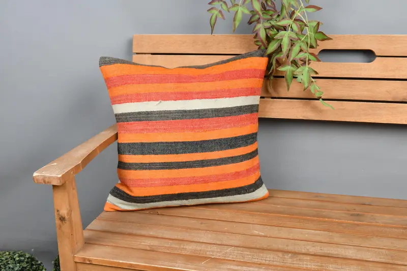 Vintage Kilim Pillow, Decorative Pillow Case, Lounge Throw Pillow, Kilim Cushion Sham, 18x18 Orange Cushion Case, Pillow for Sofa, Pillow Sham - 1