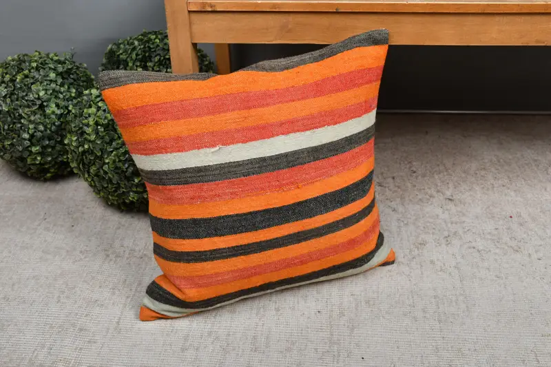 Vintage Kilim Pillow, Decorative Pillow Case, Lounge Throw Pillow, Kilim Cushion Sham, 18x18 Orange Cushion Case, Pillow for Sofa, Pillow Sham - 7
