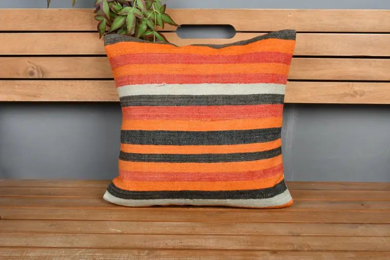 Vintage Kilim Pillow, Decorative Pillow Case, Lounge Throw Pillow, Kilim Cushion Sham, 18x18 Orange Cushion Case, Pillow for Sofa, Pillow Sham - 6