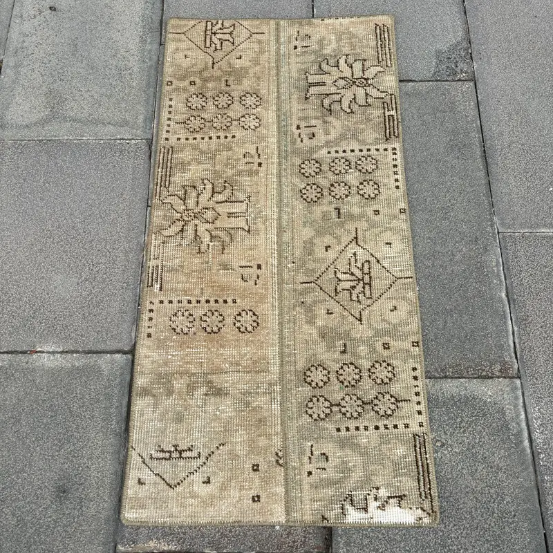 Vintage 1.4x3 ft Rug, Small Turkish Rug, Brown Gray Patchwork Wool Rug - 1