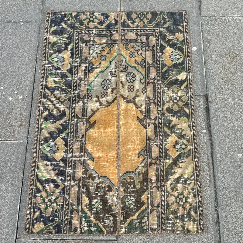Turkish Rug, Small 1.7x2.7 ft Vintage Rug, Blue Brown Floral Wool Rug - 1