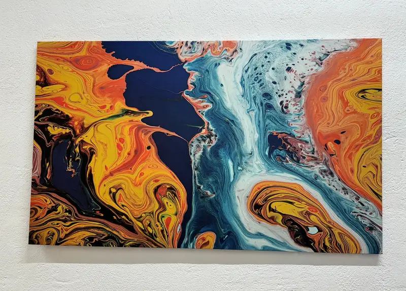 現代的なオレンジ & ブルーの抽象的なカラフルなアクリル プリント キャンバス