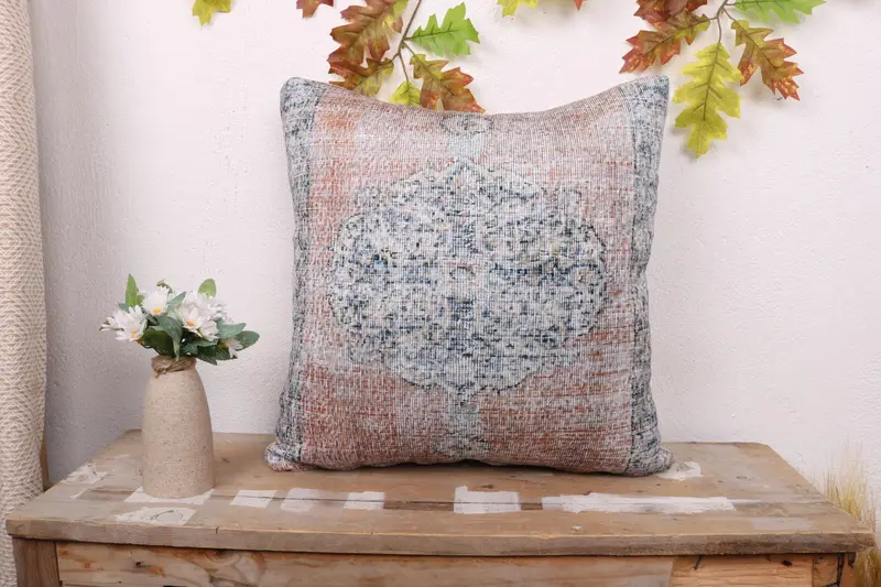 Handmade Embroidered Orange & Green Throw Pillow, Vintage Square Pillow