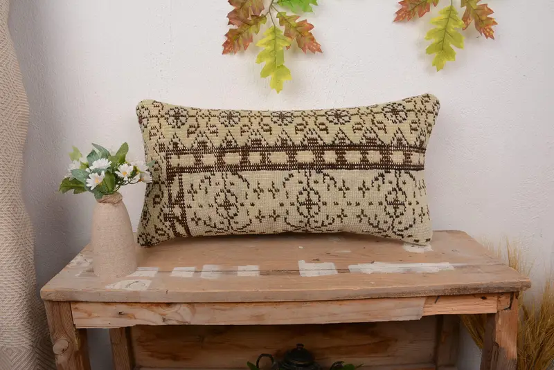 Green & Brown Floral Throw Pillow, Handmade Vintage Rectangle Pillow