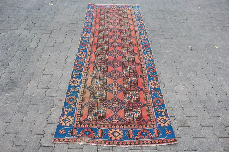 3.2x9.3 ft Runner Vintage Rug, Turkish Rug, Red Blue Solid Wool Rug - 1