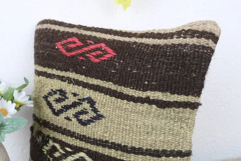12x12 Brown Cushion, Turkish Pillow, One Of A Kind Pillow Sham, Turkish Kilim Pillow, Wool Kilim Pillow Pillow, Pillow Cover, Kilim Pillow Cover - 5