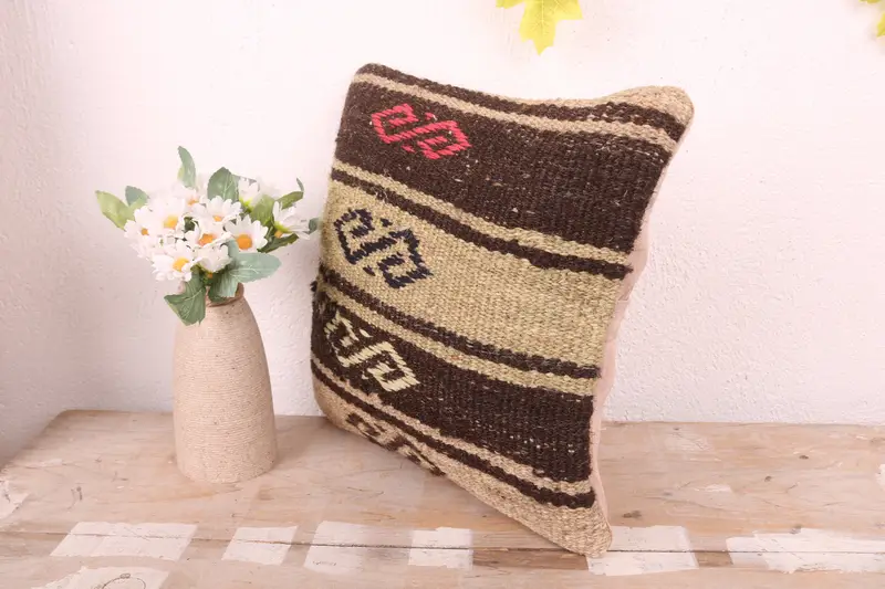 12x12 Brown Cushion, Turkish Pillow, One Of A Kind Pillow Sham, Turkish Kilim Pillow, Wool Kilim Pillow Pillow, Pillow Cover, Kilim Pillow Cover - 4