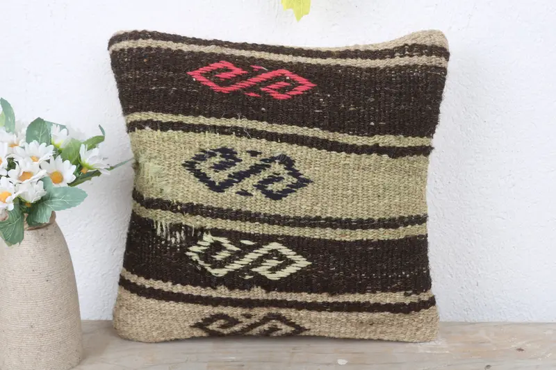 12x12 Brown Cushion, Turkish Pillow, One Of A Kind Pillow Sham, Turkish Kilim Pillow, Wool Kilim Pillow Pillow, Pillow Cover, Kilim Pillow Cover - 2
