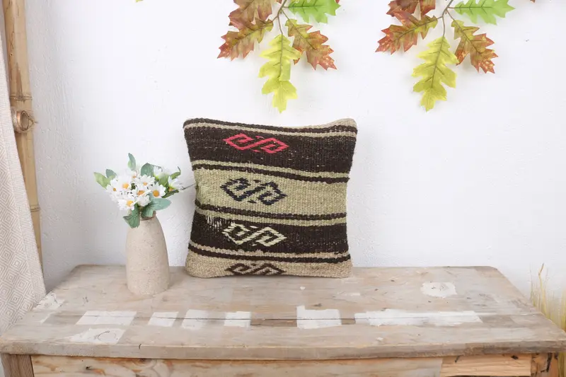 12x12 Brown Cushion, Turkish Pillow, One Of A Kind Pillow Sham, Turkish Kilim Pillow, Wool Kilim Pillow Pillow, Pillow Cover, Kilim Pillow Cover - 1