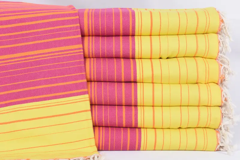 Yellow-Fuchsia Striped Organic Cotton Bath Towel, 70x40 Inches
