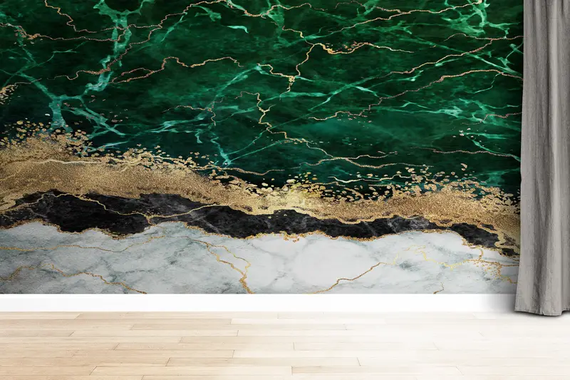 Marble Wall Art, Wallpaper Mural Art, 3D Wall Mural, Gold Wall Decor, Green Marble Wall Paper, Green And Gold Marble Mural, Papercraft 3D, - 2