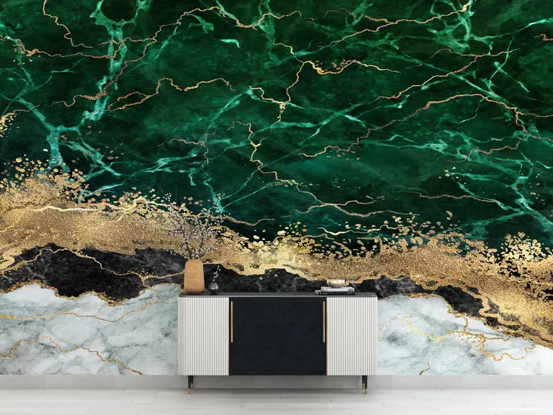 Marble Wall Art, Wallpaper Mural Art, 3D Wall Mural, Gold Wall Decor, Green Marble Wall Paper, Green And Gold Marble Mural, Papercraft 3D, - 7