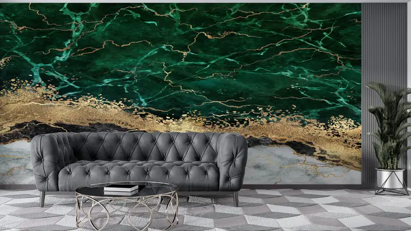 Marble Wall Art, Wallpaper Mural Art, 3D Wall Mural, Gold Wall Decor, Green Marble Wall Paper, Green And Gold Marble Mural, Papercraft 3D, - 8