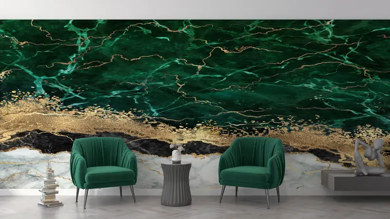 Marble Wall Art, Wallpaper Mural Art, 3D Wall Mural, Gold Wall Decor, Green Marble Wall Paper, Green And Gold Marble Mural, Papercraft 3D, - 6