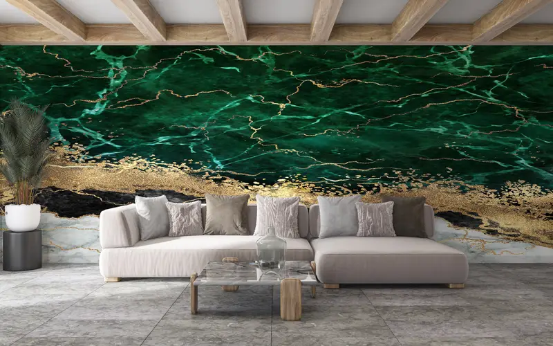 Marble Wall Art, Wallpaper Mural Art, 3D Wall Mural, Gold Wall Decor, Green Marble Wall Paper, Green And Gold Marble Mural, Papercraft 3D, - 3