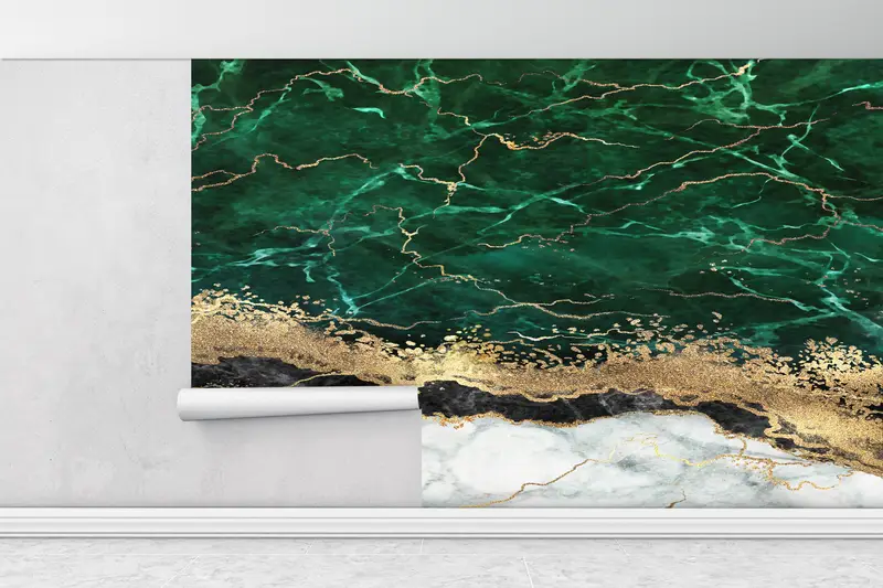 Marble Wall Art, Wallpaper Mural Art, 3D Wall Mural, Gold Wall Decor, Green Marble Wall Paper, Green And Gold Marble Mural, Papercraft 3D, - 1