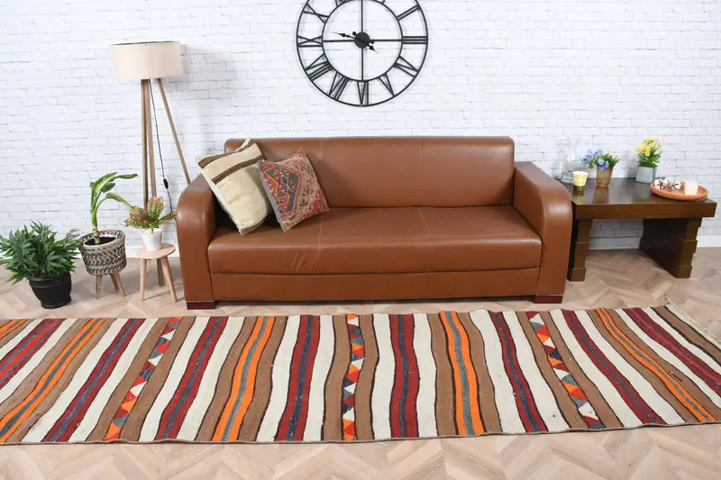 Turkish Vintage Rug 3.2x11.8 ft (96x360 cm), Herki Brown Wool Rug - 1