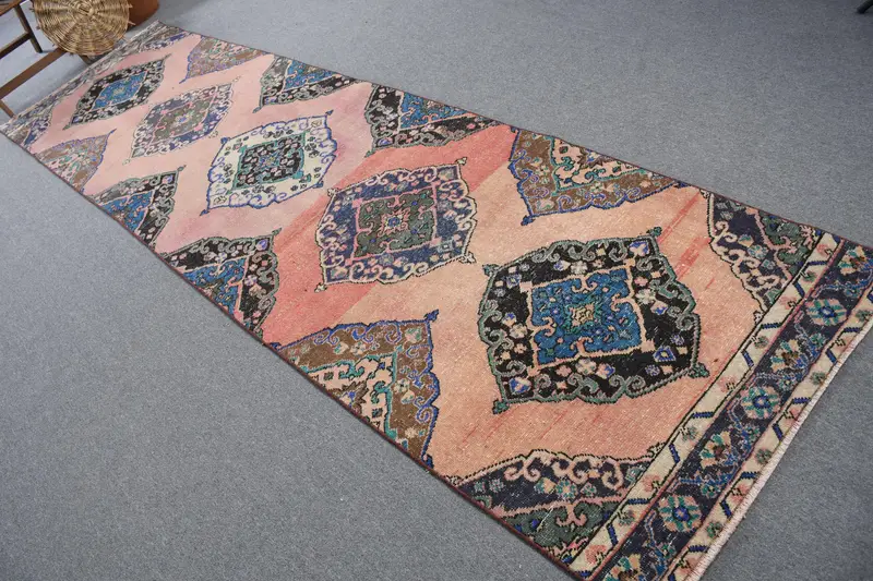 Türk Vintage Halı 3,2x12,3 ft (97x374 cm), Oushak Mavi Kırmızı Patchwork Halı - 1