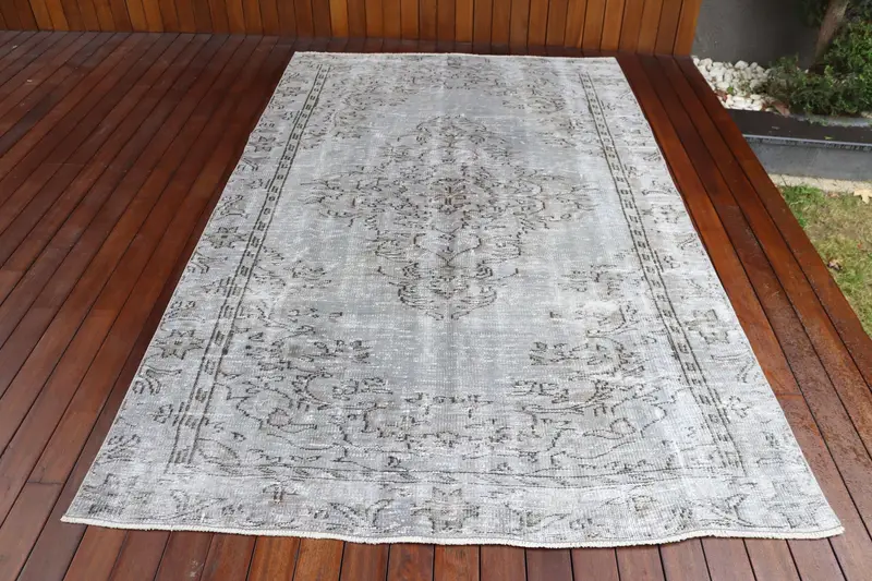 5.4x8.7 ft Vintage Türk Halısı, Büyük Halı, Gri Kahverengi Patchwork Yün Halı - 1