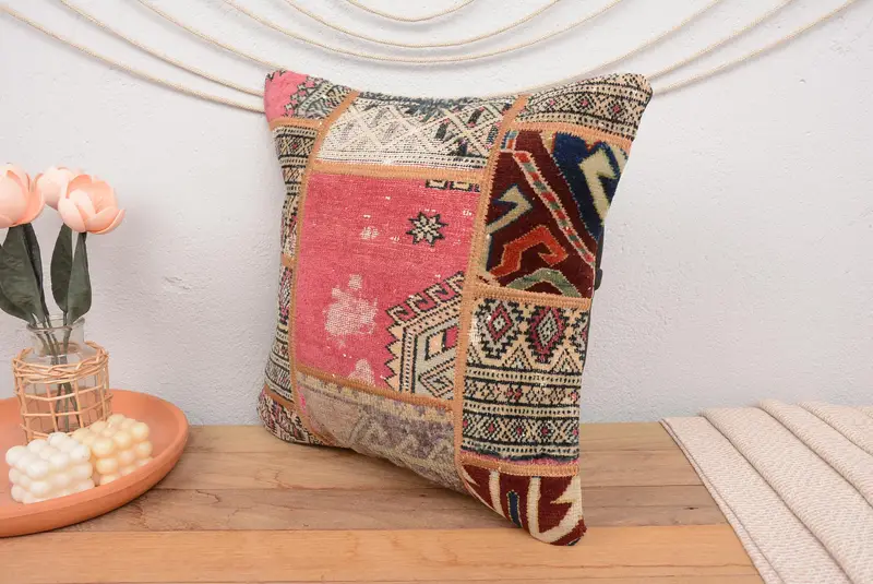 Boho Pillow Sham Cover, Vintage Pillow, Antique Pillows, Seat Pillow, Pillow Case, 18x18 Red Cushion Cover, Bolster Throw Pillow - 4