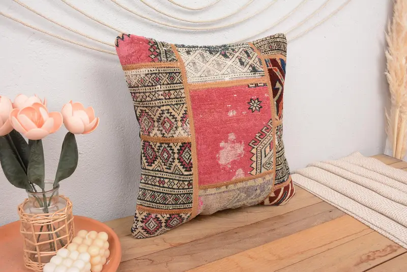 Boho Pillow Sham Cover, Vintage Pillow, Antique Pillows, Seat Pillow, Pillow Case, 18x18 Red Cushion Cover, Bolster Throw Pillow - 1