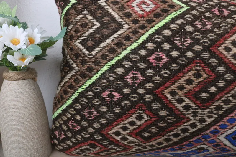 Turkish Kilim Pillow, Designer Throw Cushion, Cushion Cover, Antique Pillows, Vintage Pillow, Neutral Cushion Cover, 12x24 Blue Pillow Case - 3