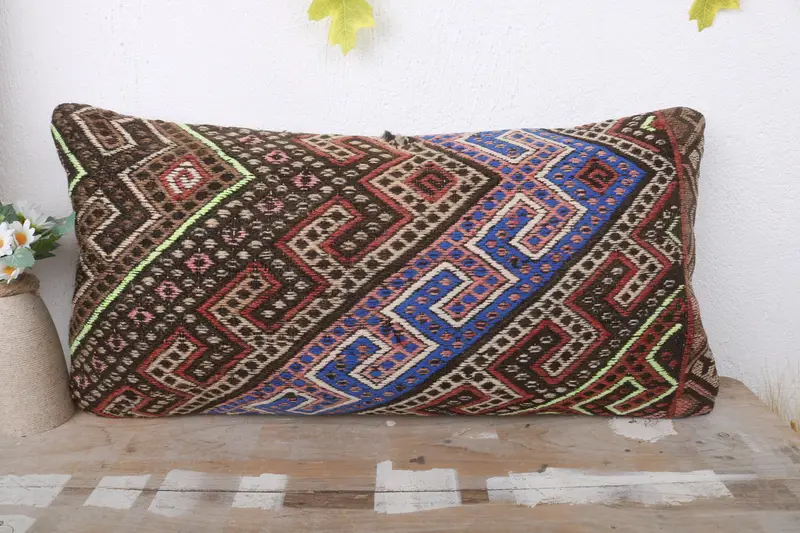 Turkish Kilim Pillow, Designer Throw Cushion, Cushion Cover, Antique Pillows, Vintage Pillow, Neutral Cushion Cover, 12x24 Blue Pillow Case - 2