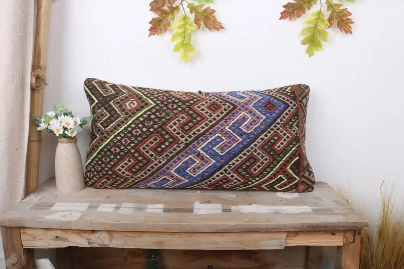 Turkish Kilim Pillow, Designer Throw Cushion, Cushion Cover, Antique Pillows, Vintage Pillow, Neutral Cushion Cover, 12x24 Blue Pillow Case - 1
