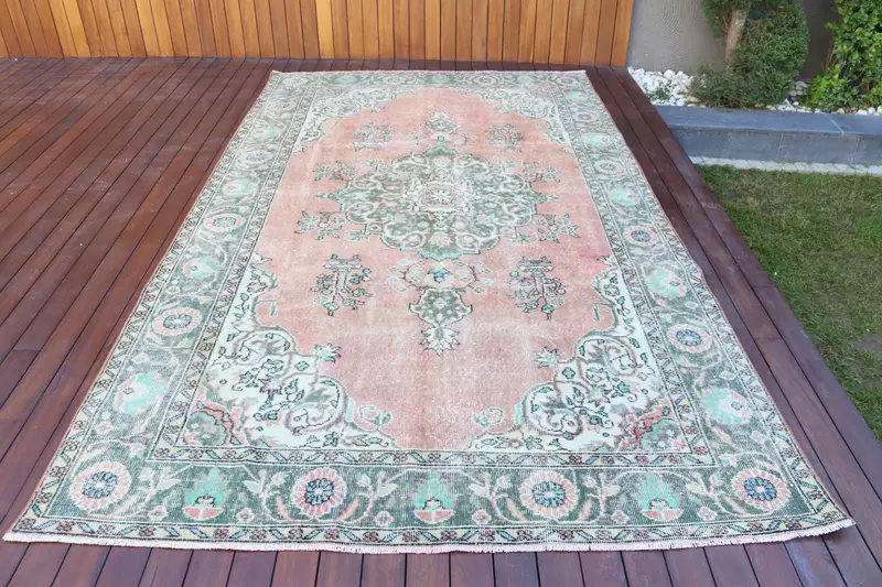 6.2x10.6 ft Turkish Vintage Rug, Large Rug, Oushak Pink Wool Rug - 1