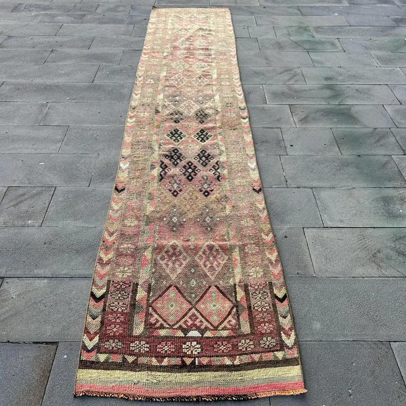 Vintage Turkish Rug, 2.7x13.2 ft Runner Rug, Red Brown Ikat Wool Rug - 1