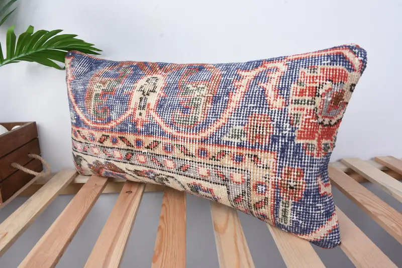 Ethnical Kilim Rug Pillow, Kilim Cushion Sham, 12x24 Blue Cushion Case, Knitted Cushion Cover, Cushion Cover, Home Decor Pillow - 4
