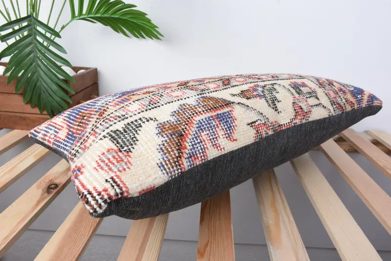 Ethnical Kilim Rug Pillow, Kilim Cushion Sham, 12x24 Blue Cushion Case, Knitted Cushion Cover, Cushion Cover, Home Decor Pillow - 6