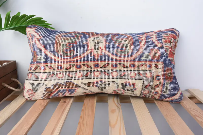 Ethnical Kilim Rug Pillow, Kilim Cushion Sham, 12x24 Blue Cushion Case, Knitted Cushion Cover, Cushion Cover, Home Decor Pillow - 1