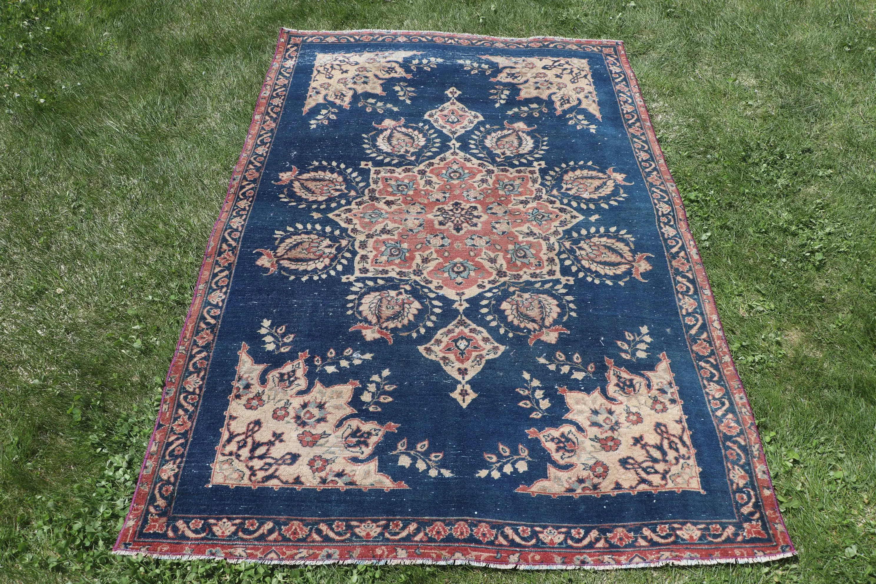 Vintage Turkish Rug 4x6.1 ft (122x186 cm), Blue Striped Rug - 1