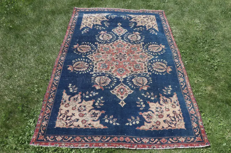 Alfombra de rayas azules y rojas, diseño geométrico de 4x6 pies