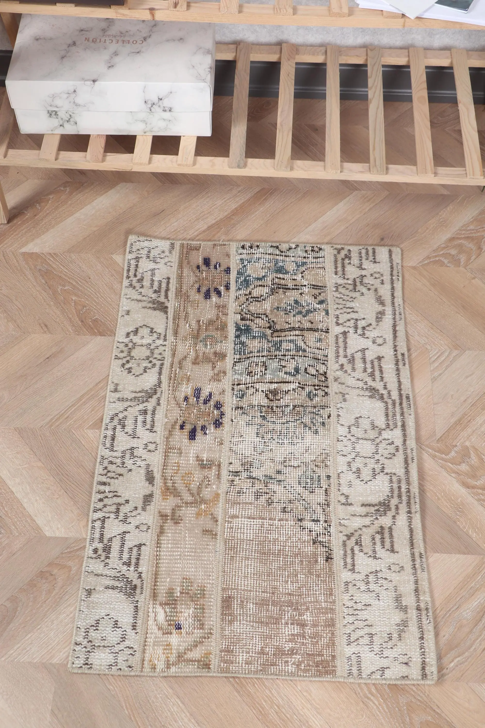 Turkish Vintage Rug 1.7x2.7 ft, Brown Plants & trees Rug - 1
