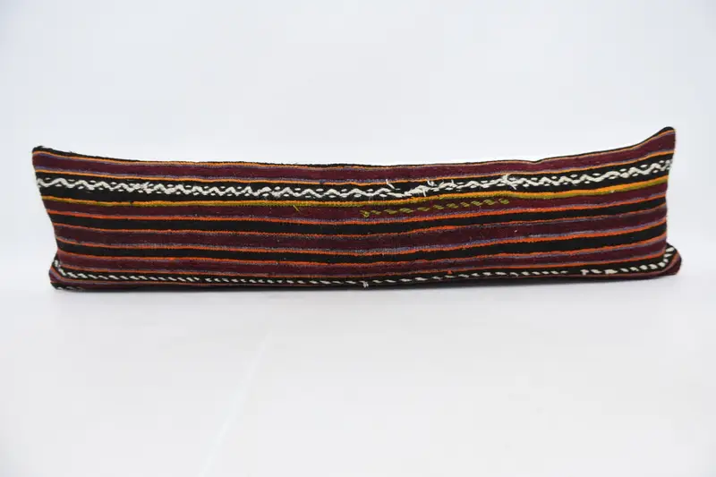 Handwoven Vintage Moroccan Euro Sham, 12x48 inch Rustic Striped Red Pillow - 1