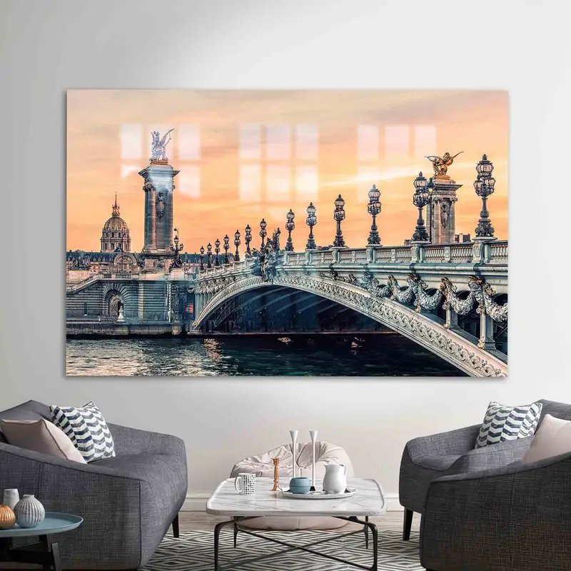 Printed Glass: Sunset In Paris Bridge Photo Cityscape Elegance
