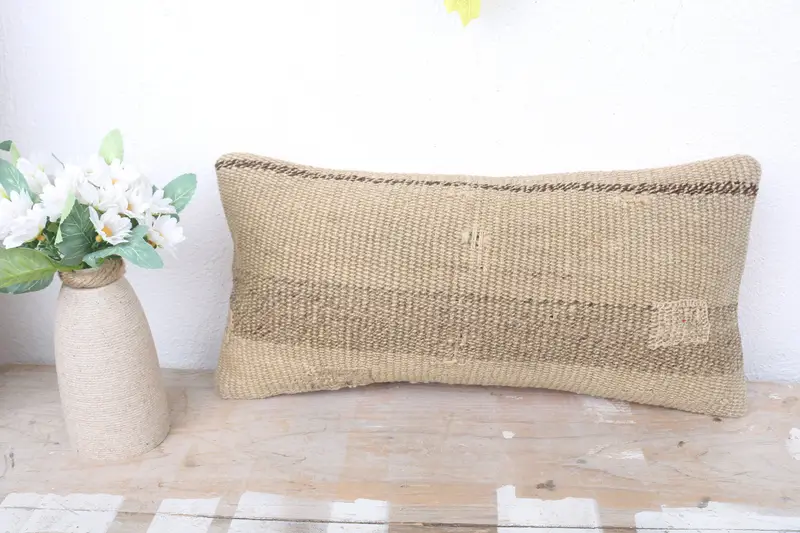 Pillow Cover, Turkish Kilim Pillow, Oriental Pillow, Farmhouse Cushion Case, 8x16 Beige Pillow Cover, Turkish Pillow, Boho Pillow - 2