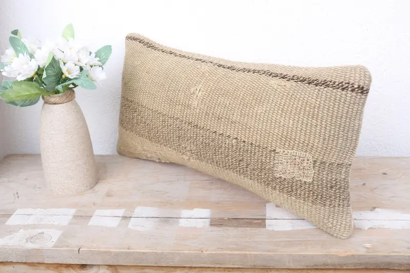 Pillow Cover, Turkish Kilim Pillow, Oriental Pillow, Farmhouse Cushion Case, 8x16 Beige Pillow Cover, Turkish Pillow, Boho Pillow - 4