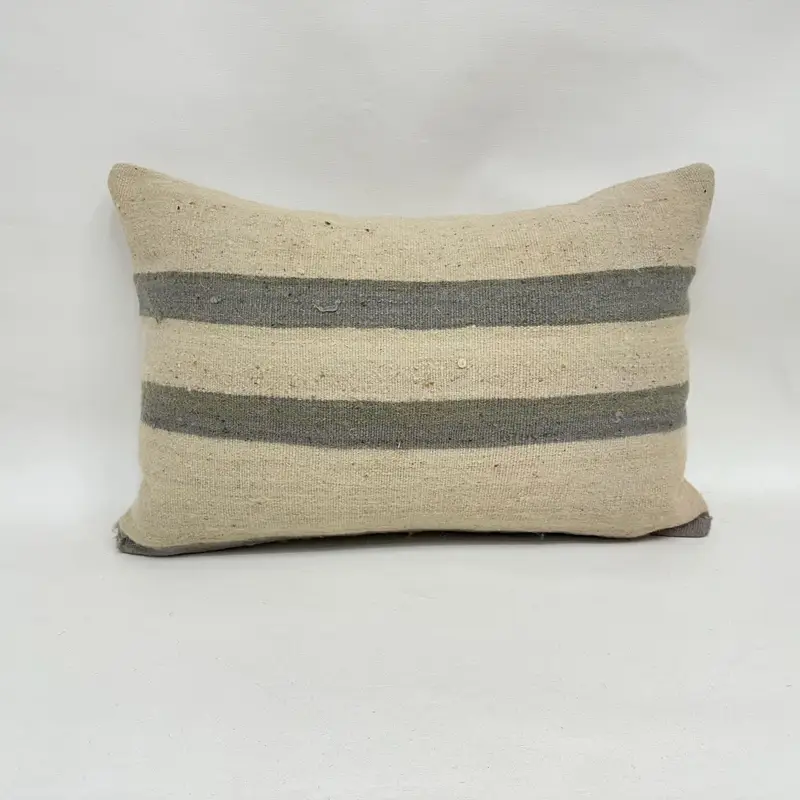 Beige & braun gestreiftes Wurfkissen, Vintage besticktes Kissen