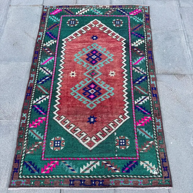 Vintage Turkish Rug, 3x4.8 ft Oushak Rug, Red Green Ikat Rug - 1