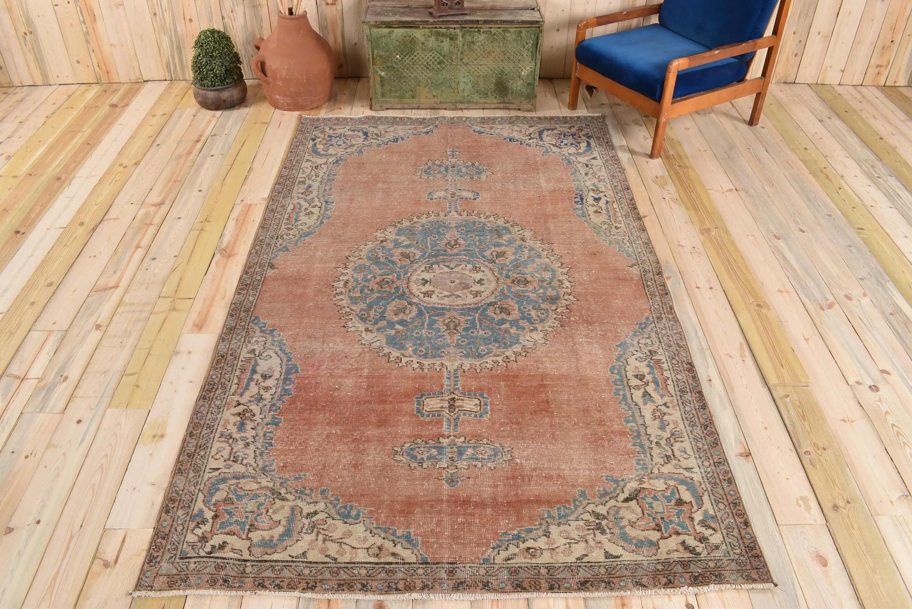 5,4x8,8 ft Vintage Teppich, türkischer großer Teppich, braunblauer Südwestteppich - 1