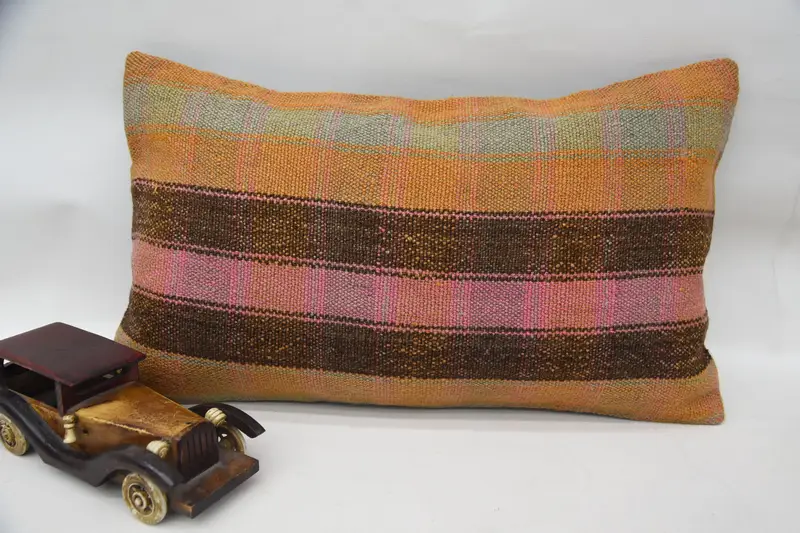 Boho Pillow Sham Cover, Ikat Pillow Cover, Cushion, Interior Designer Pillow, Aztec Pillow Cover, 12x20 Orange Cushion, Kilim Pillow Cover - 1