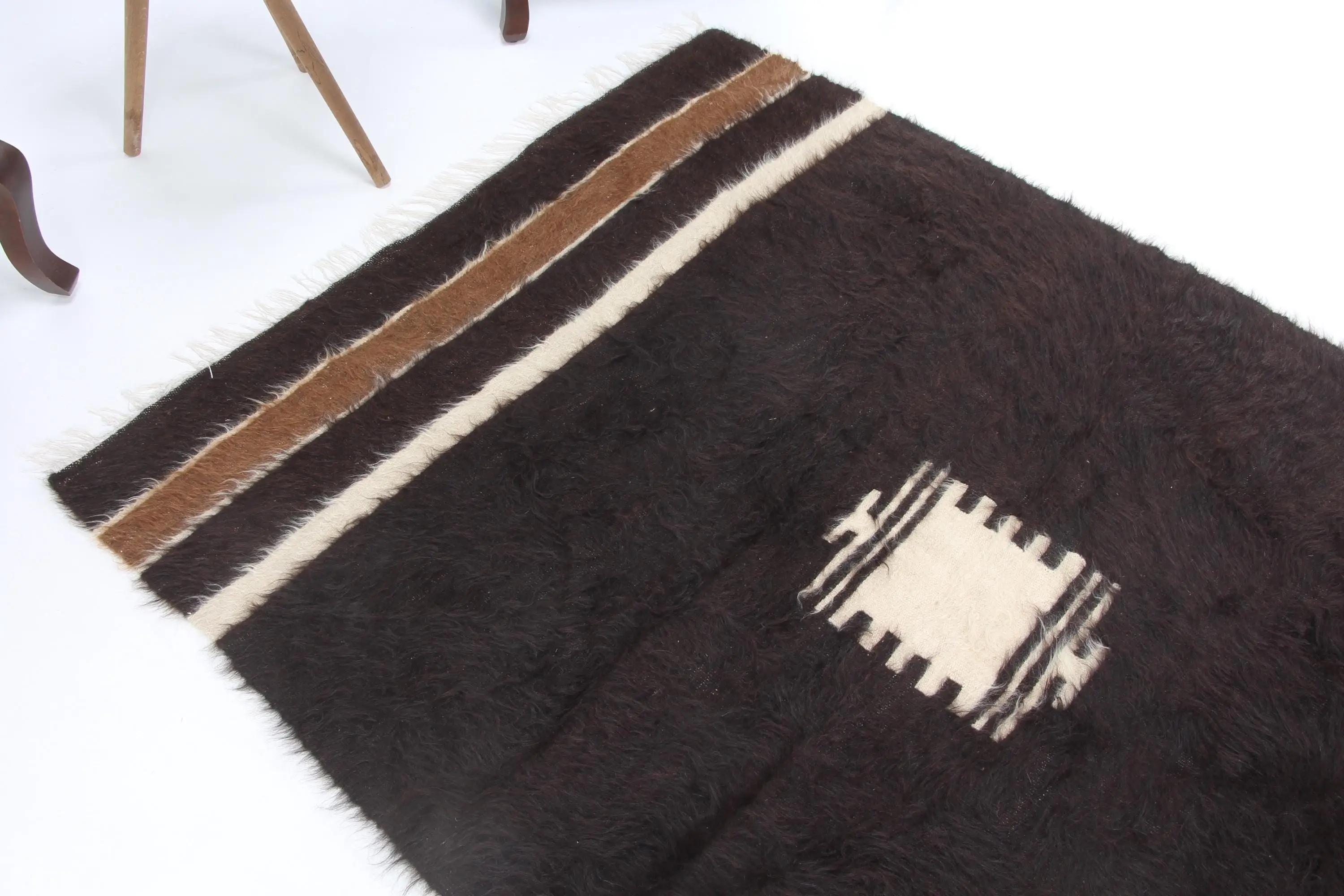 Türk Vintage Halı, 4x5.6 ft Accent Halı, Kahverengi Beyaz Patchwork Yün Halı - 1