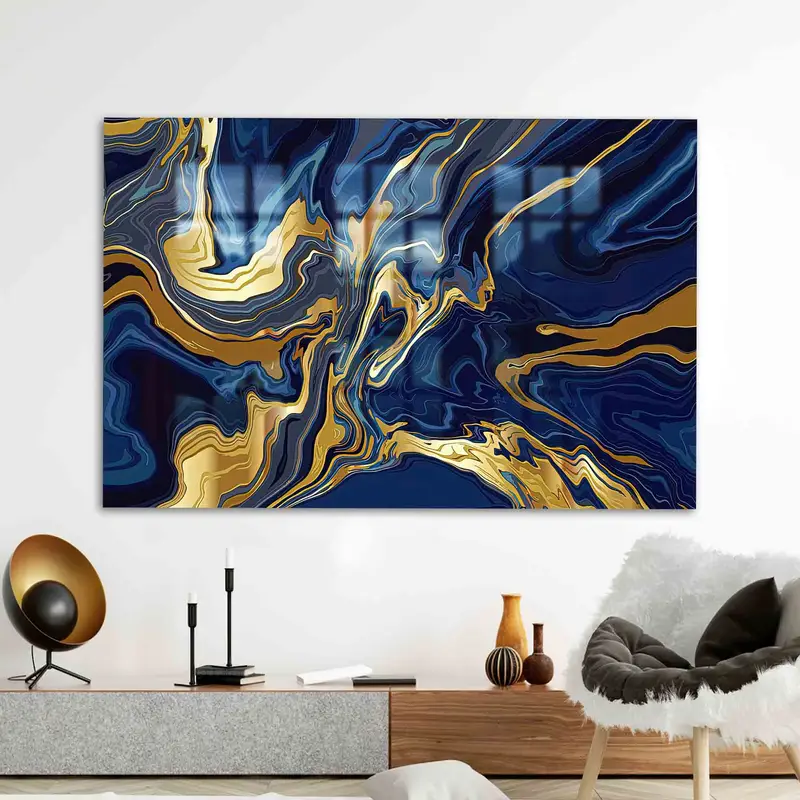 モダンな大理石のネイビー ブルー プリント ガラス: エレガントで現代的なデザイン