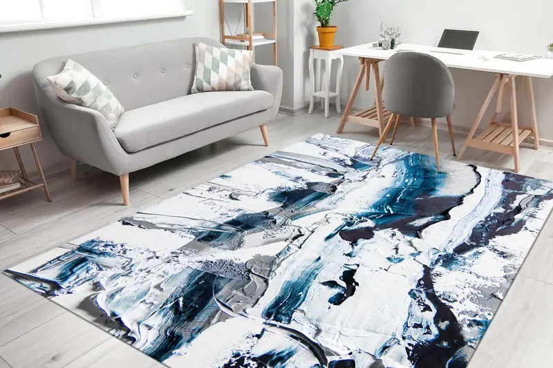 Contemporary Printed Rug with Blue Brush Strokes & Soft Tones