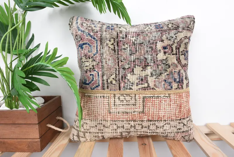 Graues und beiges Patchwork-Wurfkissen, 16x16 besticktes Kissen