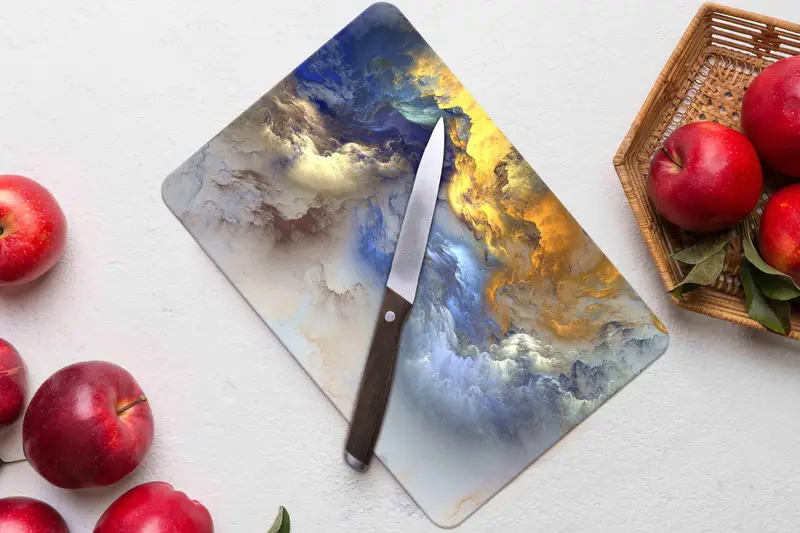 曇りガラスまな板: 現代的なイエローとブルーのデザイン