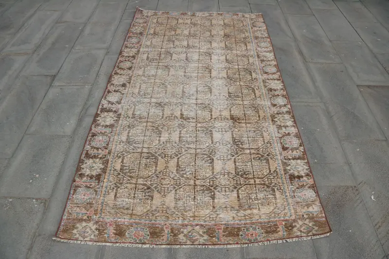 Turkish Vintage Rug, 3.9x6.9 ft Area Rug, Brown Blue Animal Print Wool Rug - 1